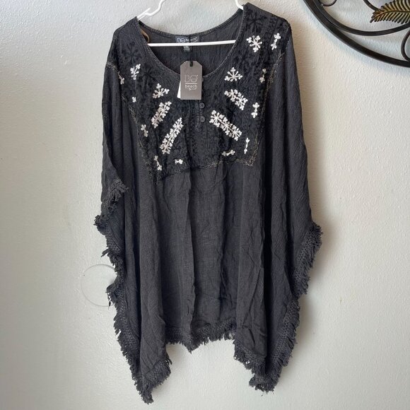 Be Beach by Exist Black Fringe Boho Poncho With Embroidered Floral Details  L/XL - Picture 5 of 14